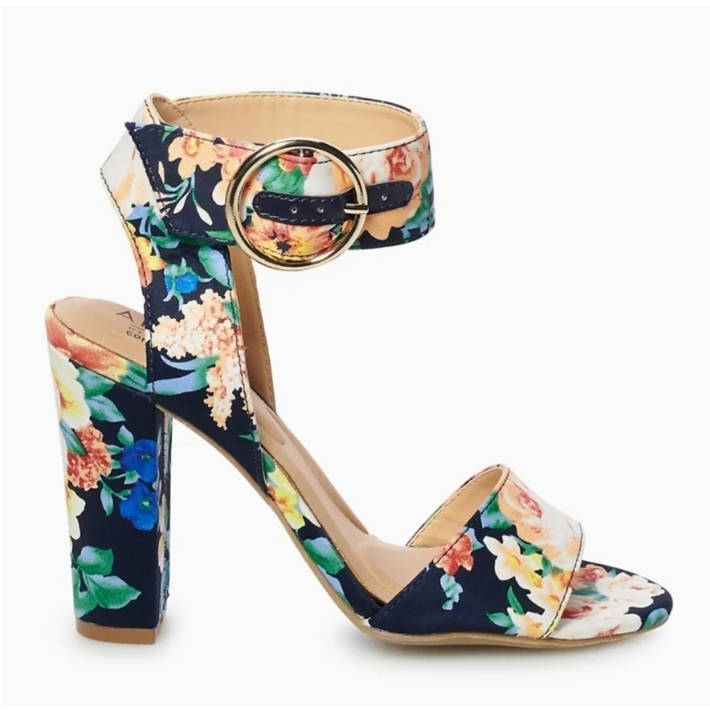 Apt. 9 Navy Blue Pink Floral Ankle Strap High Block Heel Sandals Size 7